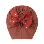 El Regalo 1PC Baby Turban Headband - Soft Nylon Bow with Golden Polka Dots - Newborn to Toddler Headwrap for Baby Girls - Stretchy & Comfortable Fit for 6 Months to 5 Years (Rusty Red, One Size)