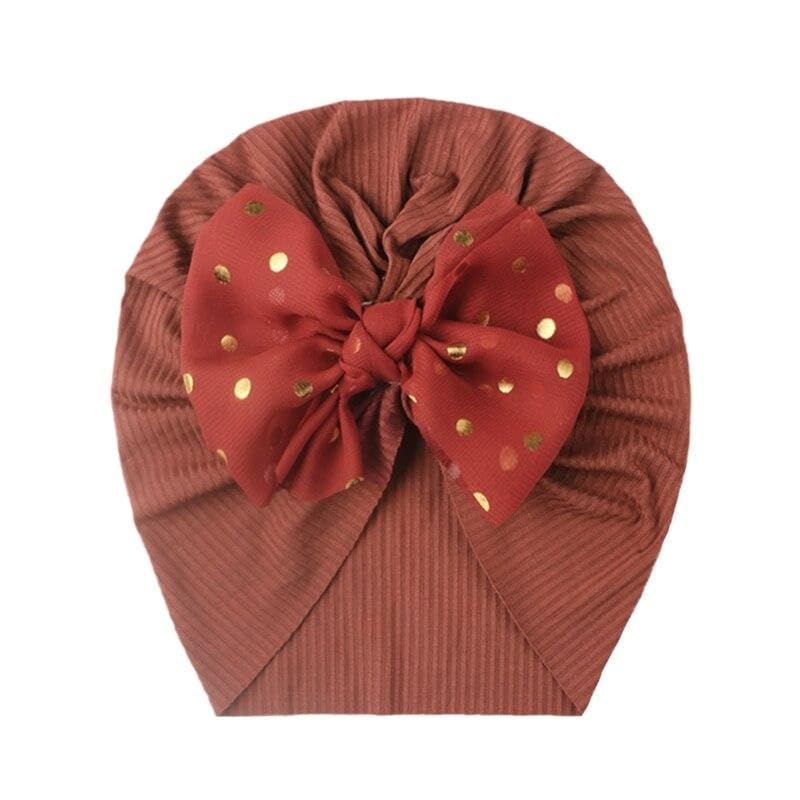 El Regalo 1PC Baby Turban Headband - Soft Nylon Bow with Golden Polka Dots - Newborn to Toddler Headwrap for Baby Girls - Stretchy & Comfortable Fit for 6 Months to 5 Years (Rusty Red, One Size)