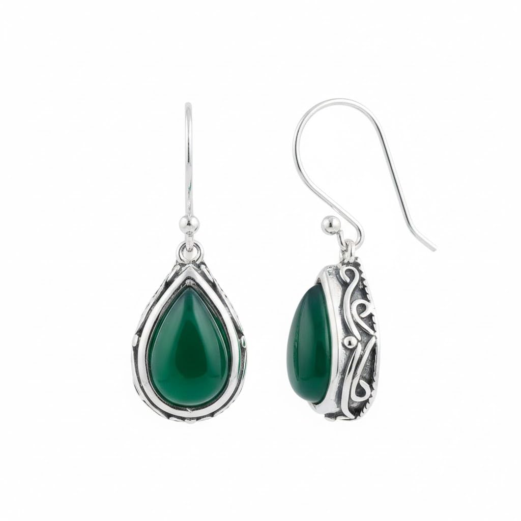 El Regalo Small Vintage Teardrop Earrings for Girls & Women- Elegant Filigree Carved Boho Dangle Earrings, Cut Stone Drop Earrings, Jewelry Gift (Green)