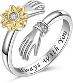 El Regalo Spinner Sunflower Zirconia Hug Ring- Adjustable 360 degrees Rotating Hugging Hands Ring for Girls/Women (Always With You)