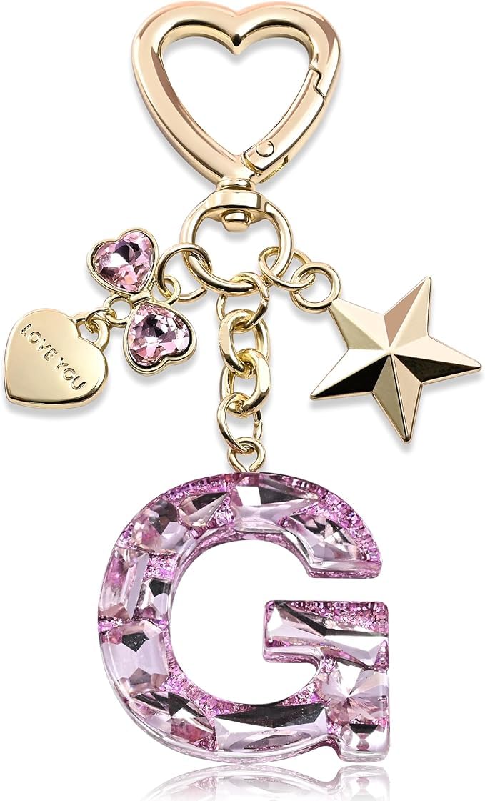 El Regalo Personalized Glitter Initial Letter Keychain for Girls & Women - Cute Pink Resin Alphabet Keyring with Heart & Star Charms - Fancy Luxury Bag Accessory & Birthday Gift (Letter G)