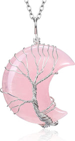 El Regalo Crescent Moon Wire Wrapped Tree of Life Stone Pendant Necklaces Natural Resin Reiki Spiritual Quartz Gemstone Hippie Boho Jewelry for Girls Women (Pink)
