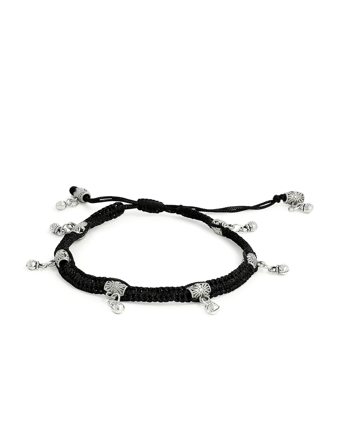 El Regalo 1 PC Boho Macrame Adjustable Oxidized German Silver Bead Nazabattu Anklet for Girls & Women- 1 Leg Bohemian Tribal Thread Anklet (Ghungroo Anklet)