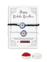 El Regalo 2 PCs Evil Eye Hamsa Hand Couple Rakhi Set for Bhaiya & Bhabhi- Bhaiya Bhabhi Rakhi Combo with Roli Chawal, Rakhi Message Card in Rakhi Gift Box (Option-5)