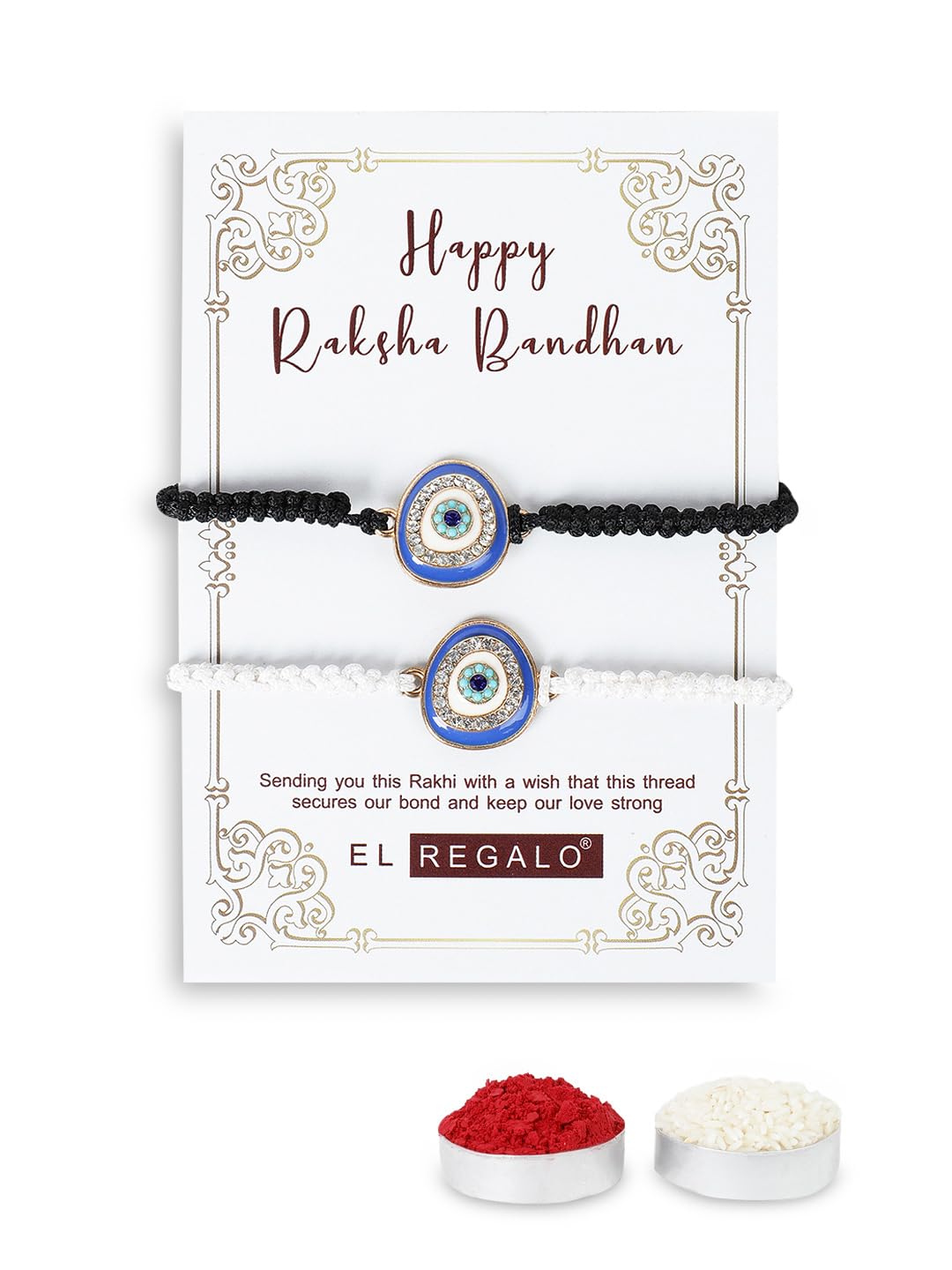 El Regalo 2 PCs Evil Eye Hamsa Hand Couple Rakhi Set for Bhaiya & Bhabhi- Bhaiya Bhabhi Rakhi Combo with Roli Chawal, Rakhi Message Card in Rakhi Gift Box (Option-5)