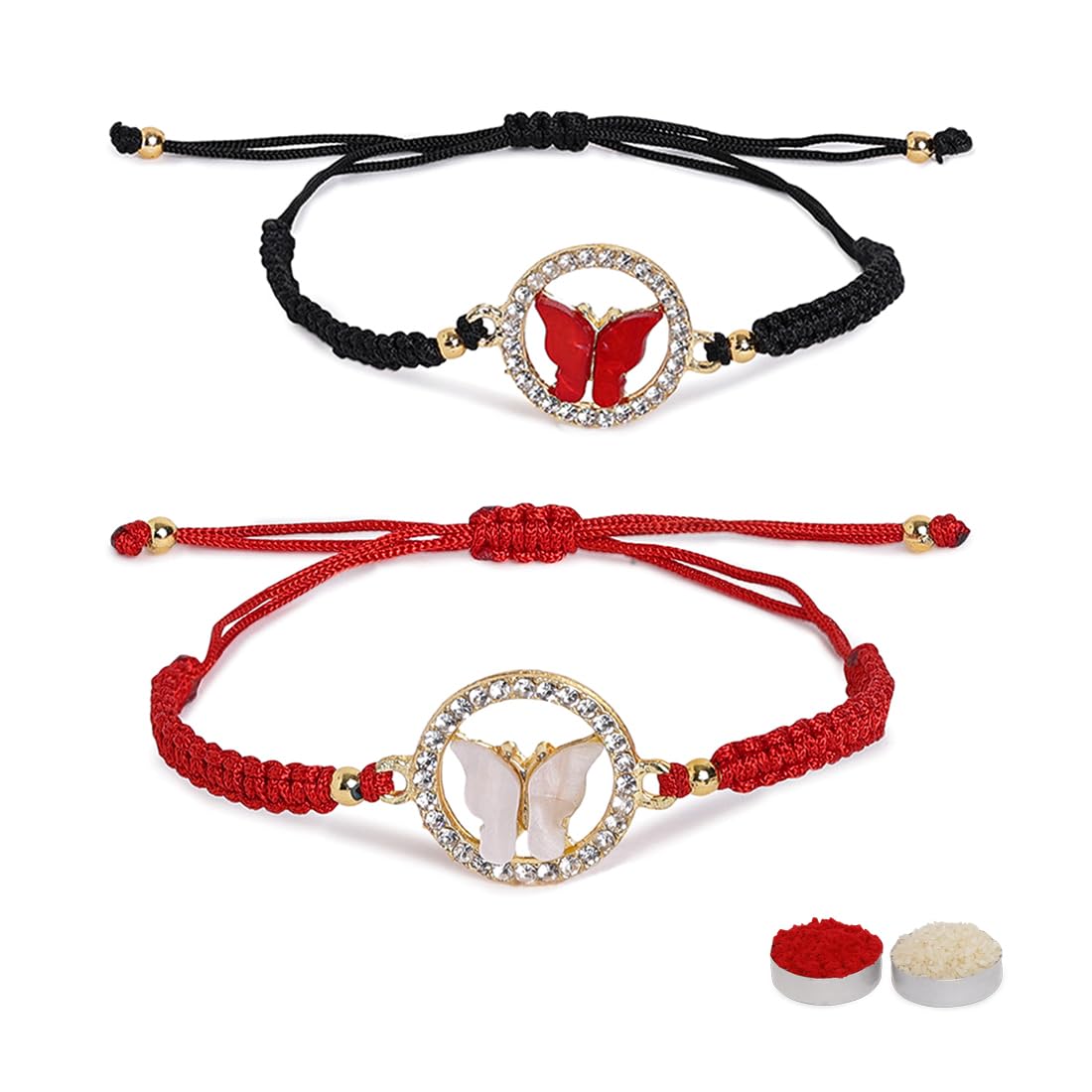 El Regalo 2 PCs Fancy CZ Butterfly Rakhis Combo Set - Beautiful 2 Rakhis Set with Roli Chawal, Rakhi Message Card in Rakhi Gift Box for Little Brother/Bhabhi/Niece/Nephew