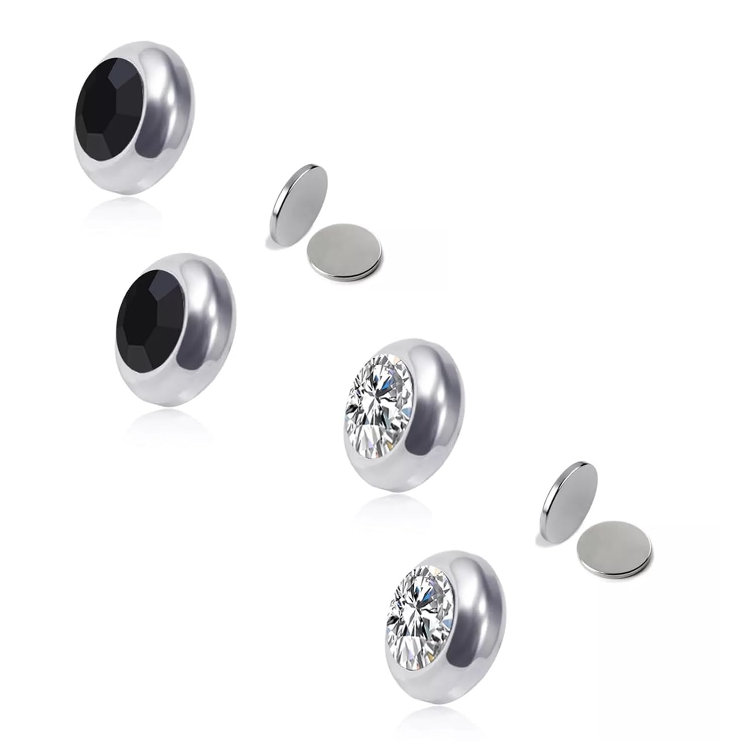El Regalo 2 Pairs Non-Pierced CZ Magnetic Clip-On Unisex Earrings for Men/Women/Girls/Boys - Colorful CZ Fake Crystal Ear Stud Earrings (Black & White)