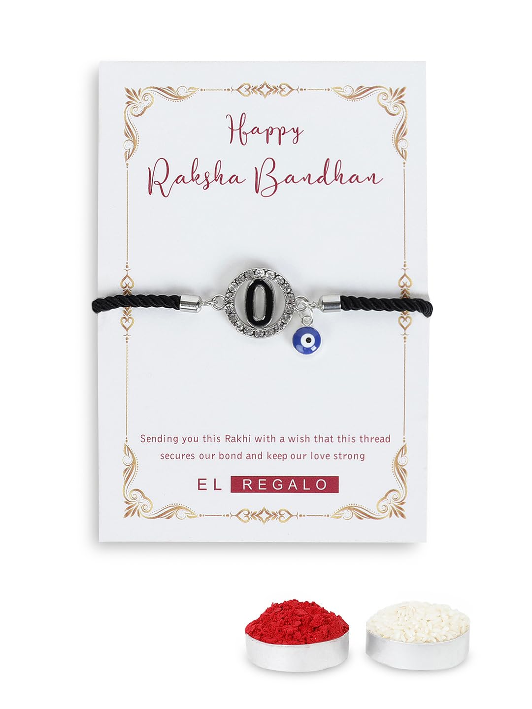 El Regalo Name Initials Evil Eye Bracelet Rakhi for Brother- Name Letter CZ Rakhi with Roli Chawal, Message Card in Rakshabandhan Box for Bhai (Black-O)