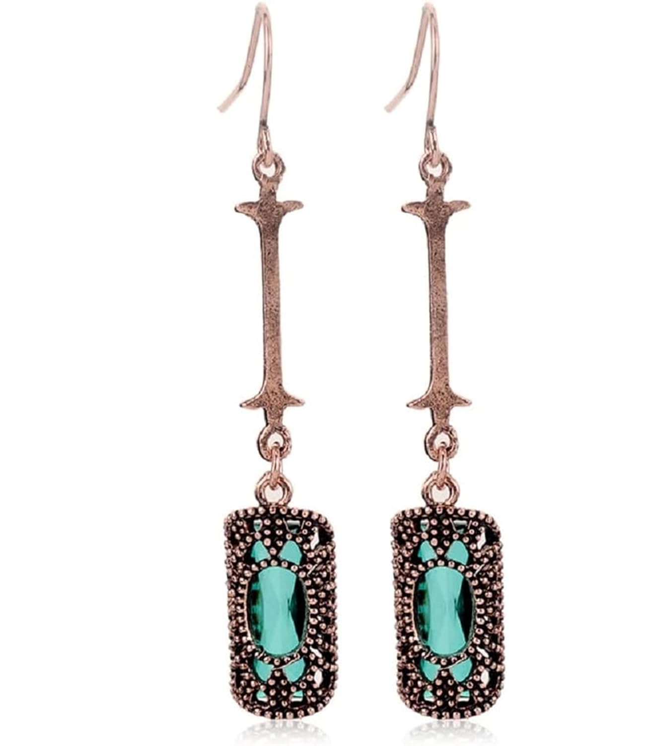 El Regalo Vintage Revival Emerald Green Dangle Earrings for Women- Octagon Simulated Emerald Cubic Zirconia Drop Earrings Wedding Banquets Jewelry