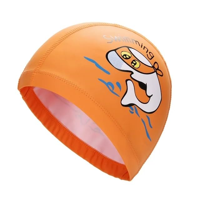 El Regalo 1PC of Cute Kids Dolphin PU Swimming Caps for Girls & Boys- Waterproof, Animal Print Swimming Cap (for Kids 6-12 Years) (Orange Fish Swim Cap)