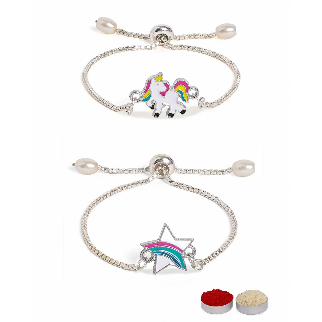 El Regalo 2 PCs Cute Kids Fancy Bracelet Rakhis Set - Beautiful 2 Kids Rakhis Combo with Roli Chawal, Rakhi Message Card in Rakhi Gift Box for Little Brother/Niece/Nephew (Unicorn & Star Rakhi)