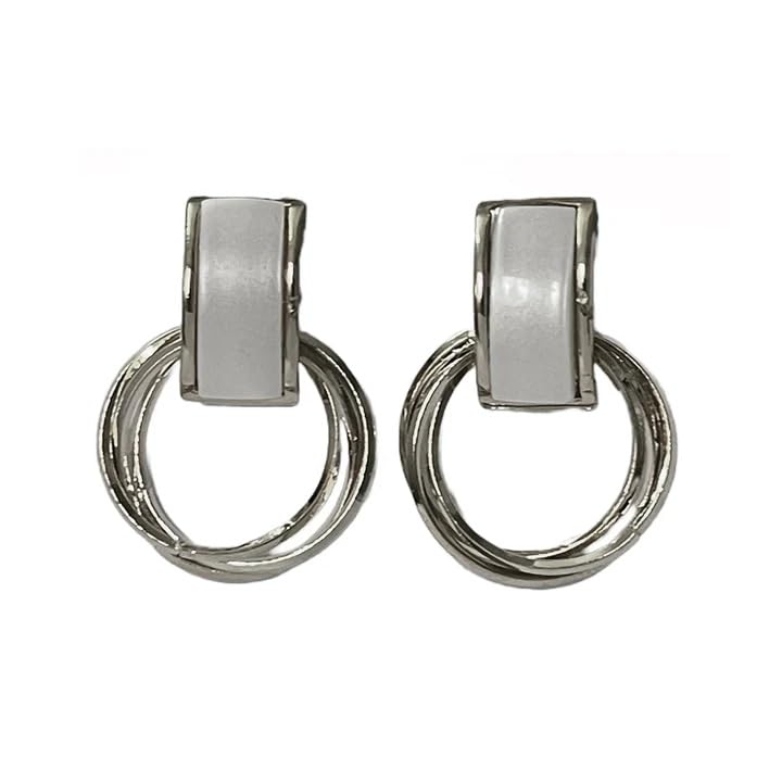 El Regalo Contemporary White Drop Hoop Stud Earrings- Modern Geometrical Fashio Earrings for Girls & Women (Silver)
