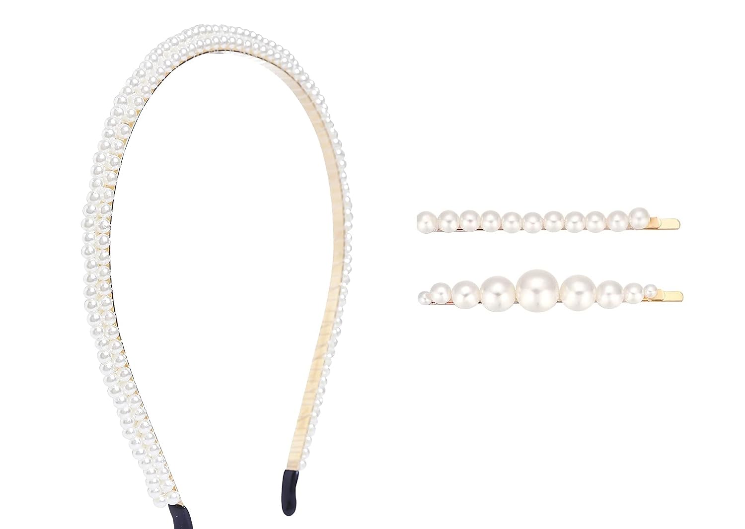 El Regalo 3 PCs Pearl Hairband & Pearl Hair Clips Combo | Decoration Hair Band Headband for Kids, Girls and women | Bridal Fancy Party Wedding Pearls Hairbands & Clips (Style-2)