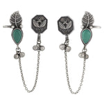 El Regalo Antique Silver Cuff Earrings for Women & Girls - Brass Stud & Chain Ear Cuffs for Pierced Ears - Elegant Contemporary Silver Lookalike Jewelry for Traditional & Western Outfits (Silky Green)