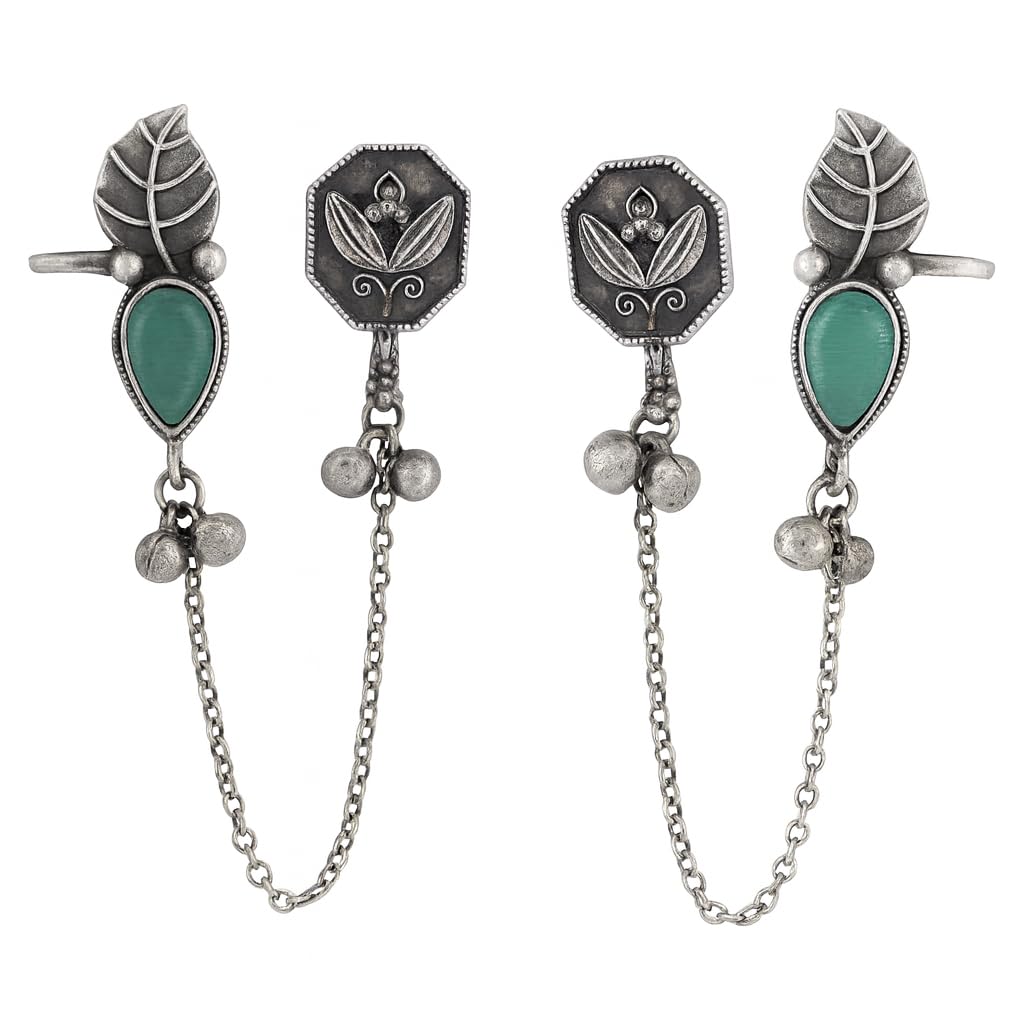 El Regalo Antique Silver Cuff Earrings for Women & Girls - Brass Stud & Chain Ear Cuffs for Pierced Ears - Elegant Contemporary Silver Lookalike Jewelry for Traditional & Western Outfits (Silky Green)