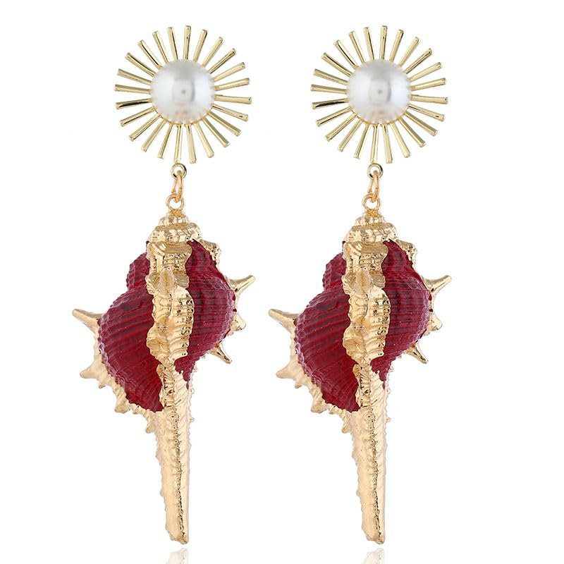 El Regalo Big & Bold Bohemian Pearl Shell Statement Earrings- Pearl Conch Shaped Beach Earrings, Lightweight & Exquisite (Magenta)