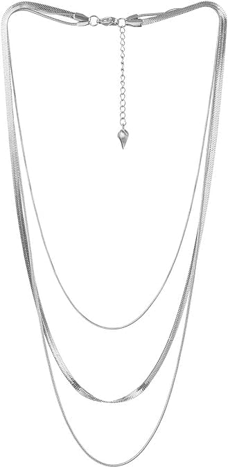 El Regalo Stunning Stainless Steel Herringbone Chain Layered Necklaces- 18K Gold/Silver Plated 3 Layers Snake Chain Choker Necklace (3 Layers Silver- Silver - Snake & Herringbone Chains)