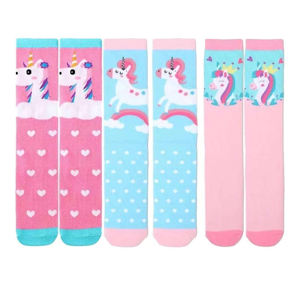 El Regalo Kid's Calf Length Combed Cotton 3 Pairs Cute & Soft Fun Unicorn Printed Funky Socks Cute Animal Cartoon Print Lovely High Knee Socks (3-8 Years), Assorted