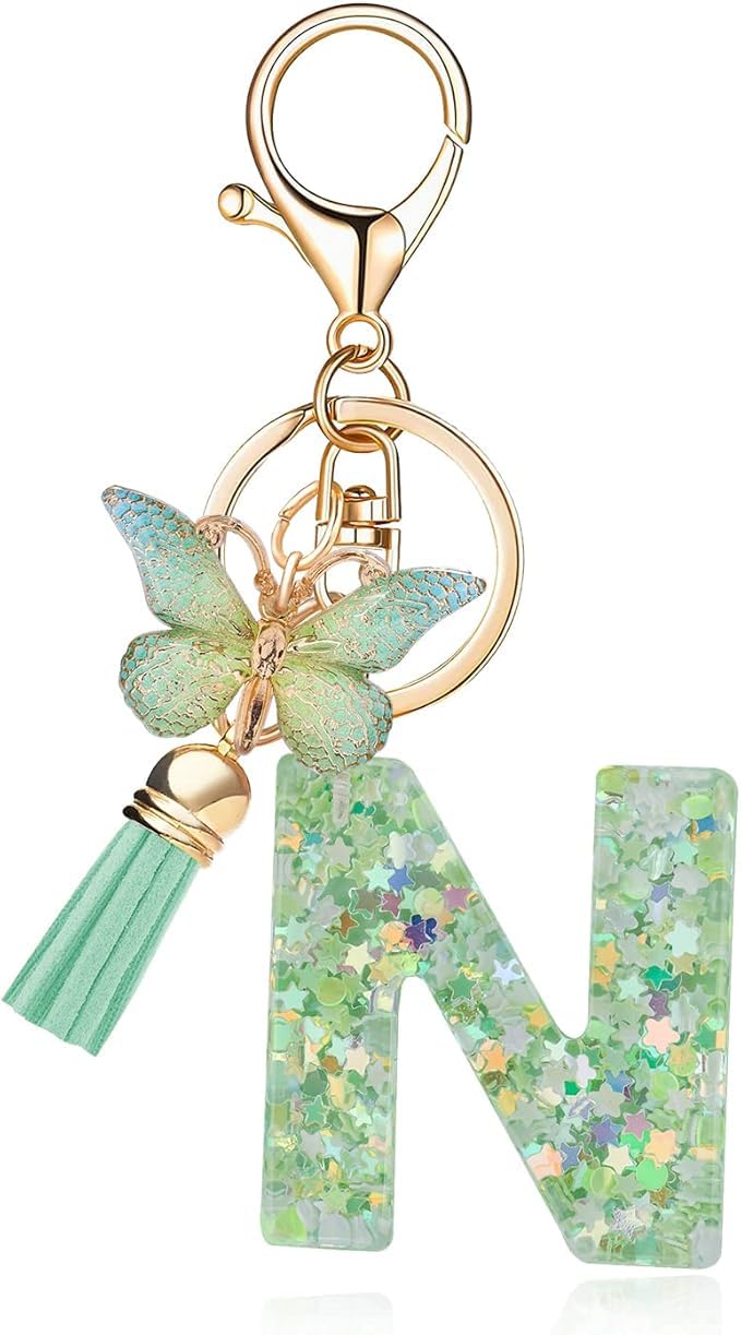 El Regalo Personalized Name Initials Butterfly Charm Keychain - Name Letters Keyring with Green Butterfly & Stars Filled Resin & Tassel Pendant, Purse, Bag, Backpack Accessory (Letter N)