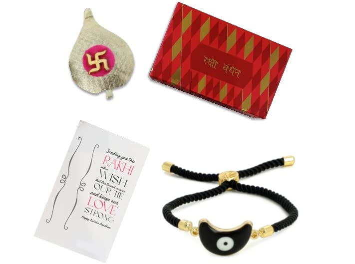 El Regalo 1PC Evil Eye Rakhi with shagun & Message Card Gift Box- Crescent Moon Evil Eye Unisex Rakhi for Brother/Bhabhi/Niece or Nephew (Black Moon Evil Eye Rakhi)