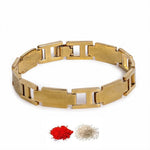 El Regalo 1 PC Designer Stainless Steel Bracelets Rakhi for Brother | 1 PC Anti Tarnish Chain Rakhi with Roli- Chanwal, Message Card in Rakhi Gift Box for Bhai/Bhaiya (Option-7)