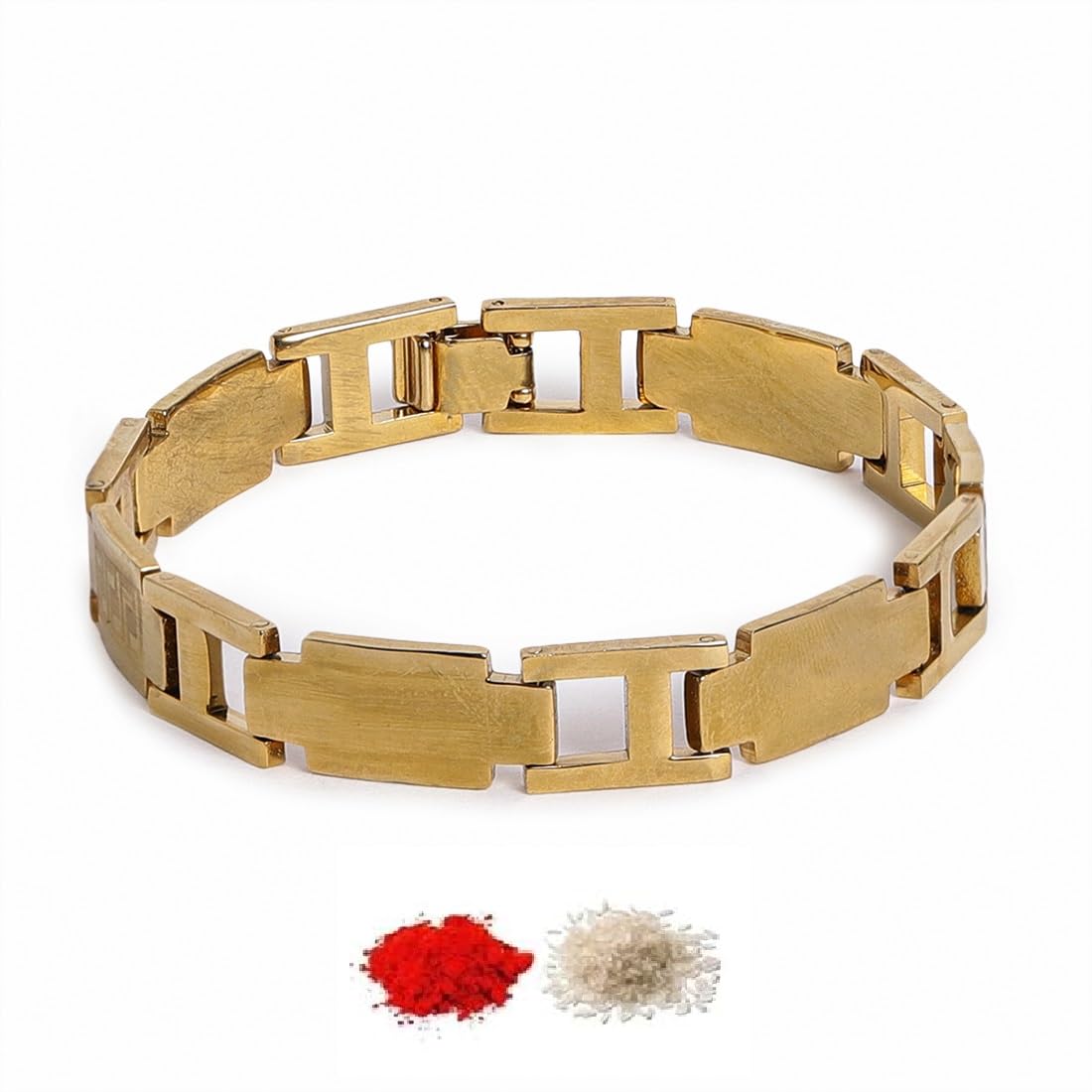 El Regalo 1 PC Designer Stainless Steel Bracelets Rakhi for Brother | 1 PC Anti Tarnish Chain Rakhi with Roli- Chanwal, Message Card in Rakhi Gift Box for Bhai/Bhaiya (Option-7)