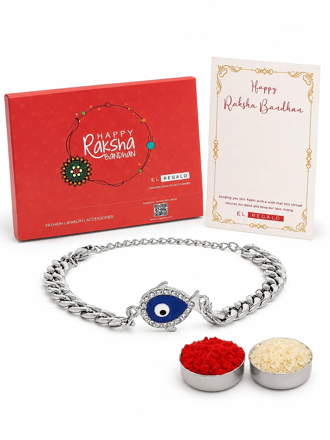 El Regalo Unisex-Adult 1Pc Cz Evil Eye Stainless Steel Rakhi For Brother - Anti Tarnish/No Rust/Waterproof Evil Eye Designer Rakhi With Roli Chawal, Rakhi Message Card In Rakhi Gift Box (Option-1)