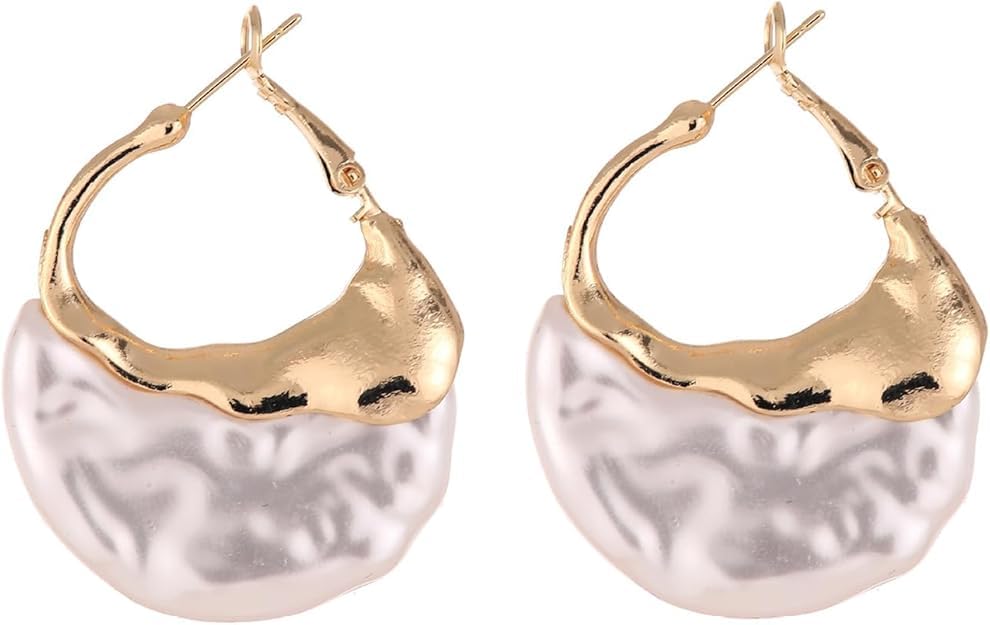 El Regalo Irregular Pearl Hoop Earrings for Women/Girls | Gold-Plated Textured Geometric Drop Earrings | Trendy Statement Fashion Jewellery for Western Outfits and Parties