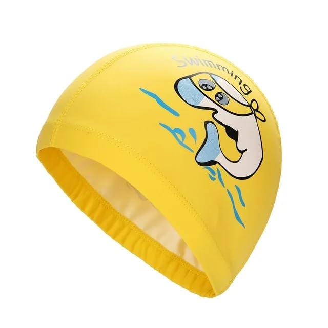 El Regalo 1PC of Cute Kids Dolphin PU Swimming Caps for Girls & Boys- Waterproof, Animal Print Swimming Cap (for Kids 6-12 Years) (Yellow Fish Swim Cap)