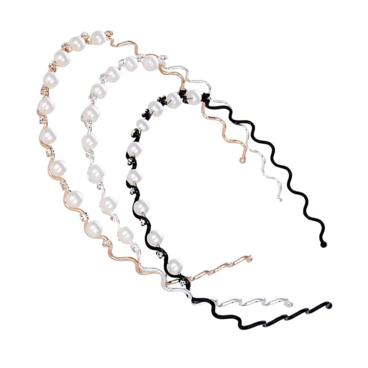 El Regalo Womens & Girls 3 Pcs Pearls Reheinstnes Hairbands Set- 3Pcs Wave Shape Headbands Pearls Rhinestones Inalid Fashion Hair Bands