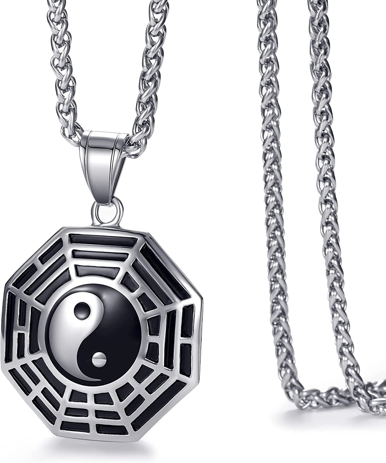 El Regalo Steel Silver Black Tai Chi Yin Yang Bagua Amulet Taoism Eight Trigrams Pendant Necklace for Men & Women