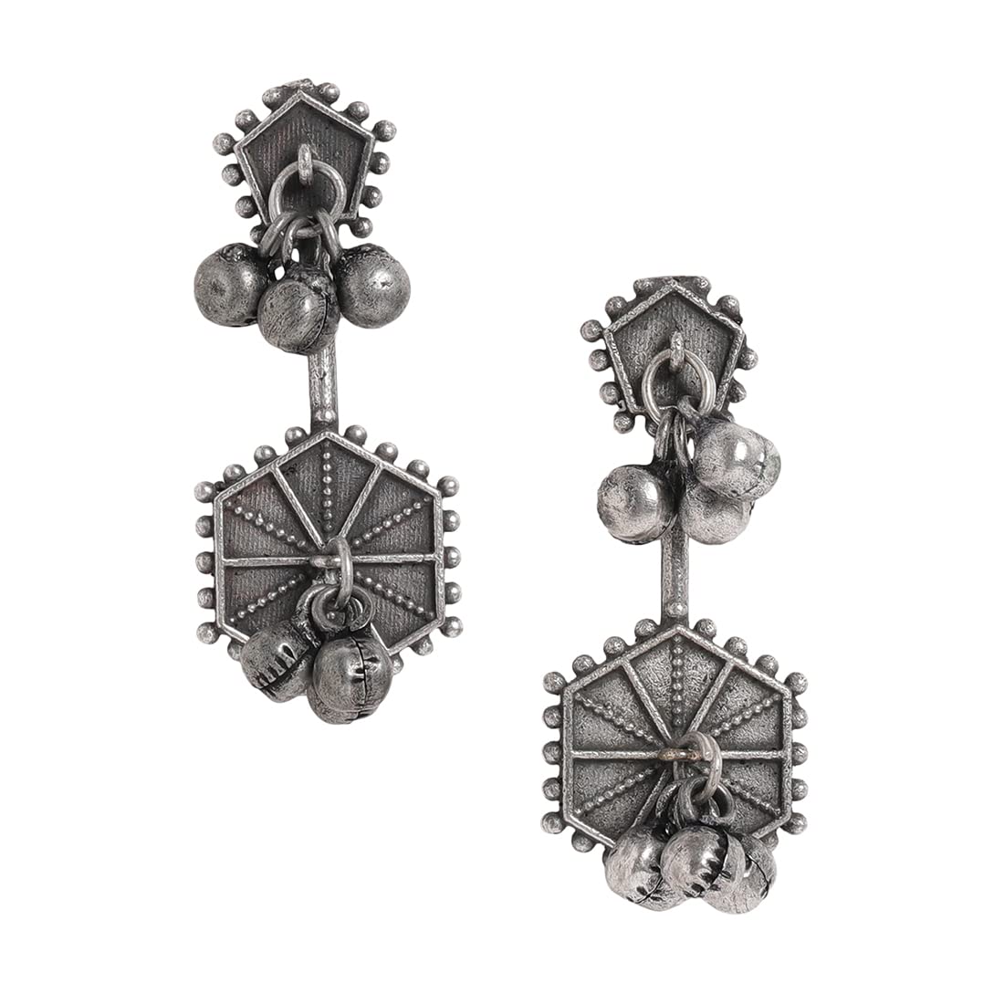El Regalo Oxidized Brass Retro Earrings for Girls & Women: Silver Lookalike Indian Traditional Studs Earrings in Antique Silver Finish