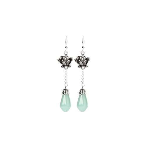 El Regalo Women's & Girl's Silvery Classical Lotus Faux Jade Tassel Earrings- Retro Ethnic Style Lotus Earrings in Antique Silver Finish