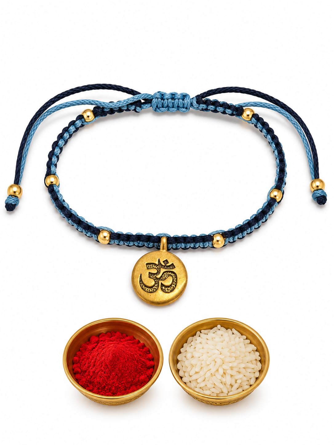 El Regalo Fancy & Traditional AUM/Shell Charm Rakhis for Brother | Elegant Auspicious Bracelet Rakhi for Bhai/Bhaiya with Roli Chawal in Gift Box (OM Rakhi- Blue)