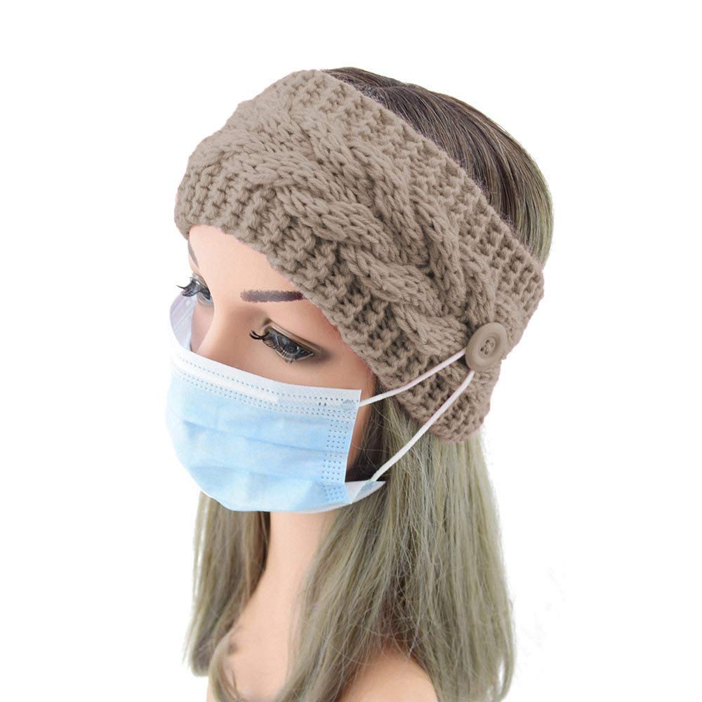 El Regalo 1 PC Unisex Knitted Winter Twist Warm Wool B lend Headband with Buttons for Face Mask Cover, Winter Designer Headbands for Unisex (Khakhi)