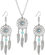 El Regalo Vintage Dream Catcher Feather Earrings Necklace for Girls/Women- Turquoise Bohemian Ethnic Fringe Tassel Dangle Jewelery Set