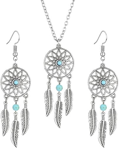 El Regalo Vintage Dream Catcher Feather Earrings Necklace for Girls/Women- Turquoise Bohemian Ethnic Fringe Tassel Dangle Jewelery Set