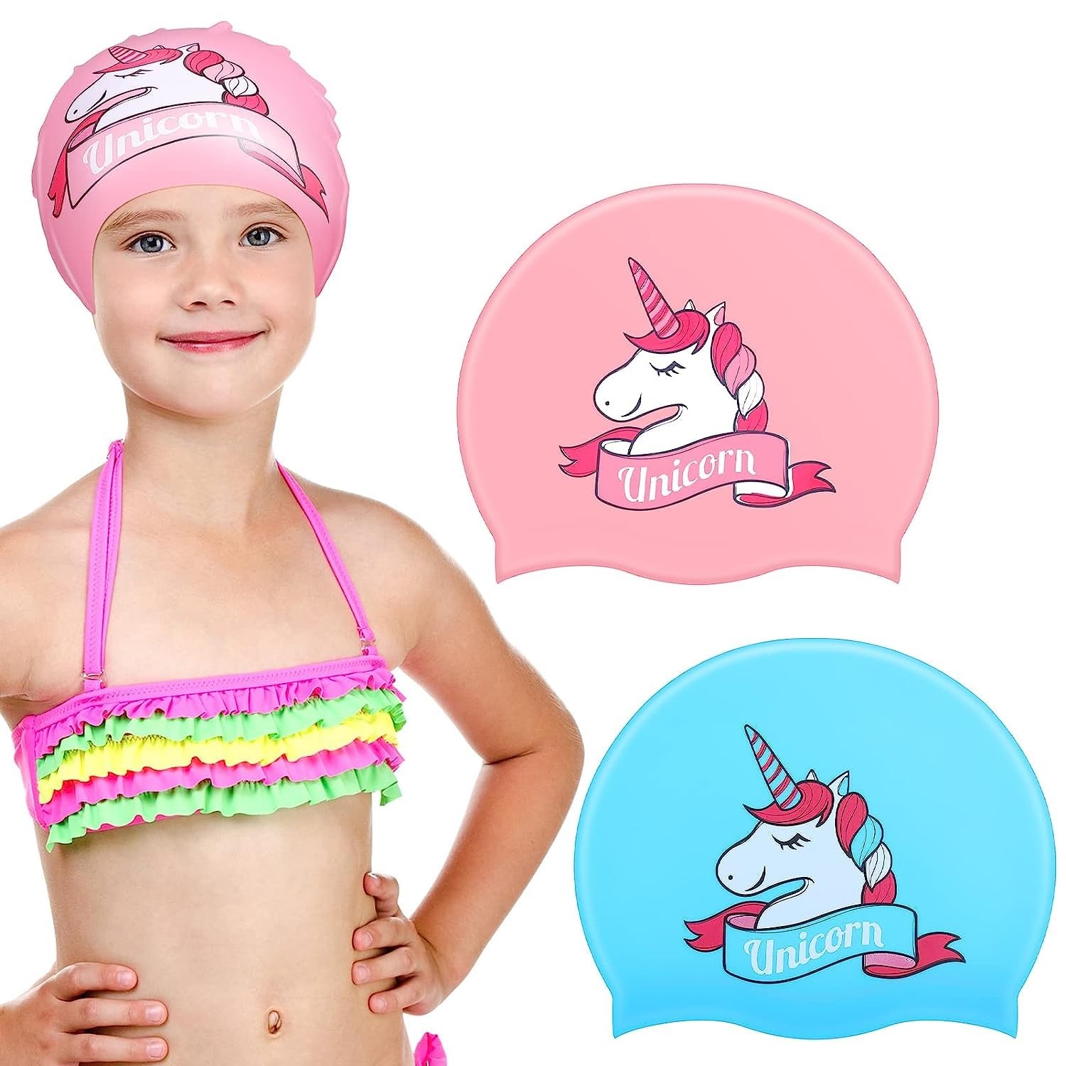El Regalo 2 PCs Kids Swimming Caps Set- Silicone Swimming Hat for Girls Boys Waterproof Bathing Caps for Long & Short Hair with Unicorn, Astronaut, Heart, Fairy Mermaid (Pink & Blue Unicron)