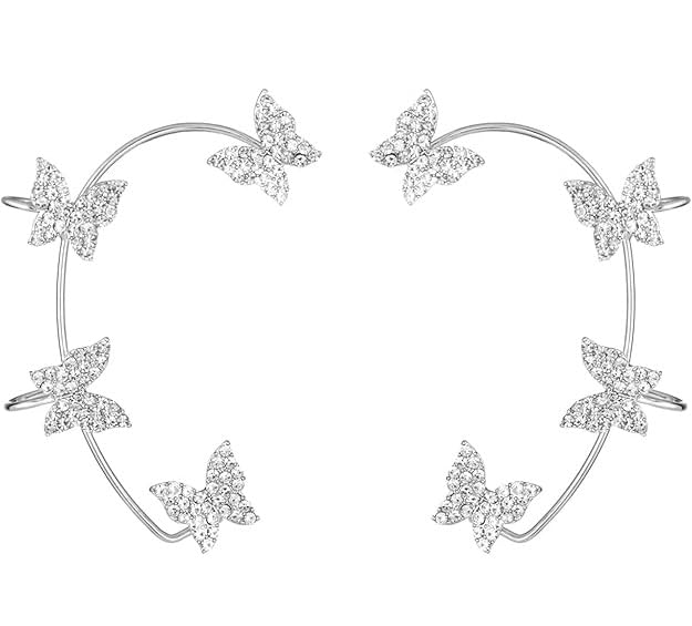 El Regalo 1 Pair CZ Butterfly Cuff Earrings for Non Pierced Ears- No Piercing Zircon Butterfly Wrap Crawler Ear Cuff Earrings For Women & Girls (Silver)
