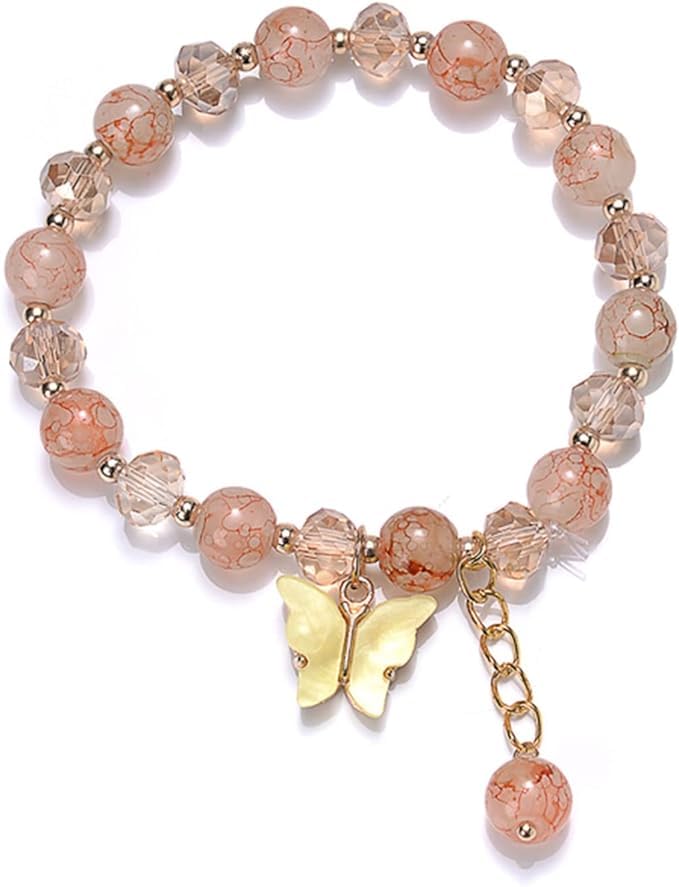 El Regalo 1 PC Butterfly Sparkly Crystal Beads Tassel Bracelet With Cute Enamel Butterfly Charms for Girls/Teens/Women (Yellow)