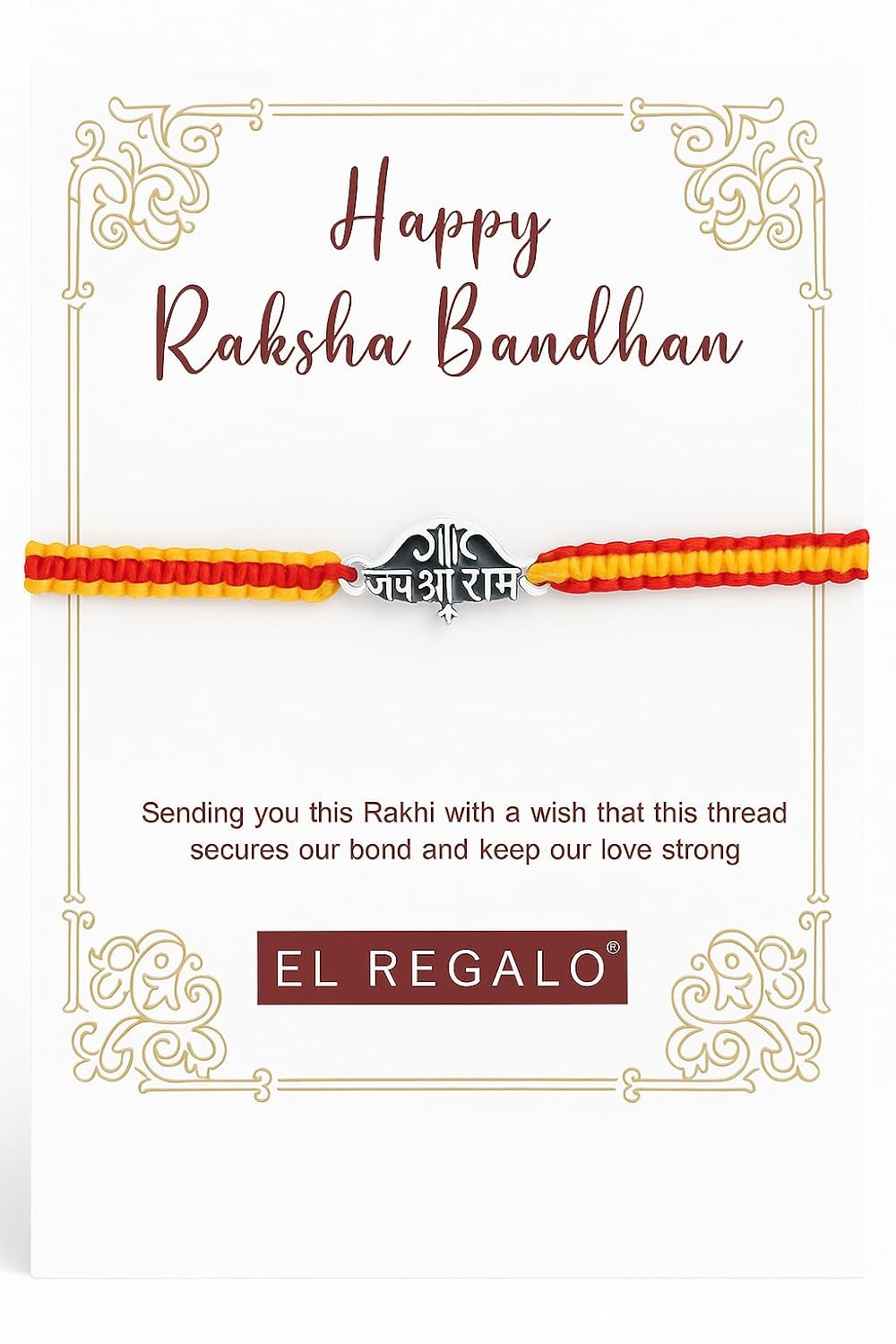 El Regalo Jai Shree Ram Rakhi for Brother 'Ai Religious Thread with 'Auu -c-A 'Au Charm 'Ai Traditional Rakhi with Card 'Ai Raksha Bandhan Gift for Brother