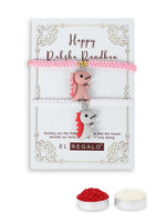 El Regalo 2PCs Cute Kids Dinosaur Bracelets Rakhi Combo for Brother with Roli Chawal, Rakhi Message Card in Rakhi Gift Box (Pink, White)