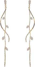 El Regalo Long Copper Zirconia Rhinestone Leaf Drop Dangle Earrings for Women | Korean Style Vine Fringe Earrings | Classy Party, Wedding & Casual Earrings Jewelry (Gold)