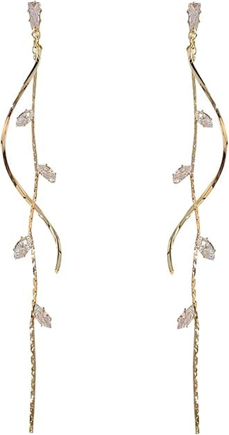 El Regalo Long Copper Zirconia Rhinestone Leaf Drop Dangle Earrings for Women | Korean Style Vine Fringe Earrings | Classy Party, Wedding & Casual Earrings Jewelry (Gold)