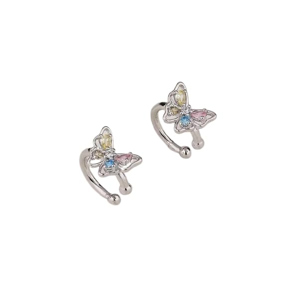El Regalo Girl's 1 Par Colorful Butterfly & Cubic Zirconia Decor Clip-On Earring For Non-Pierced Ears- Fancy Butterfly Clip On Cartilage Cuff Earrings