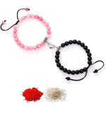 El Regalo 2 PCs Magnetic Heart Natural Beads Couple Rakhi Set for Bhaiya & Bhabhi- 2 Natural Beads Rakhis with Roli Chawal Shagun, Rakhi Message Card in Rakhi Gift Pack (Pink & Black Stones)