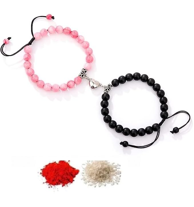 El Regalo 2 PCs Magnetic Heart Natural Beads Couple Rakhi Set for Bhaiya & Bhabhi- 2 Natural Beads Rakhis with Roli Chawal Shagun, Rakhi Message Card in Rakhi Gift Pack (Pink & Black Stones)