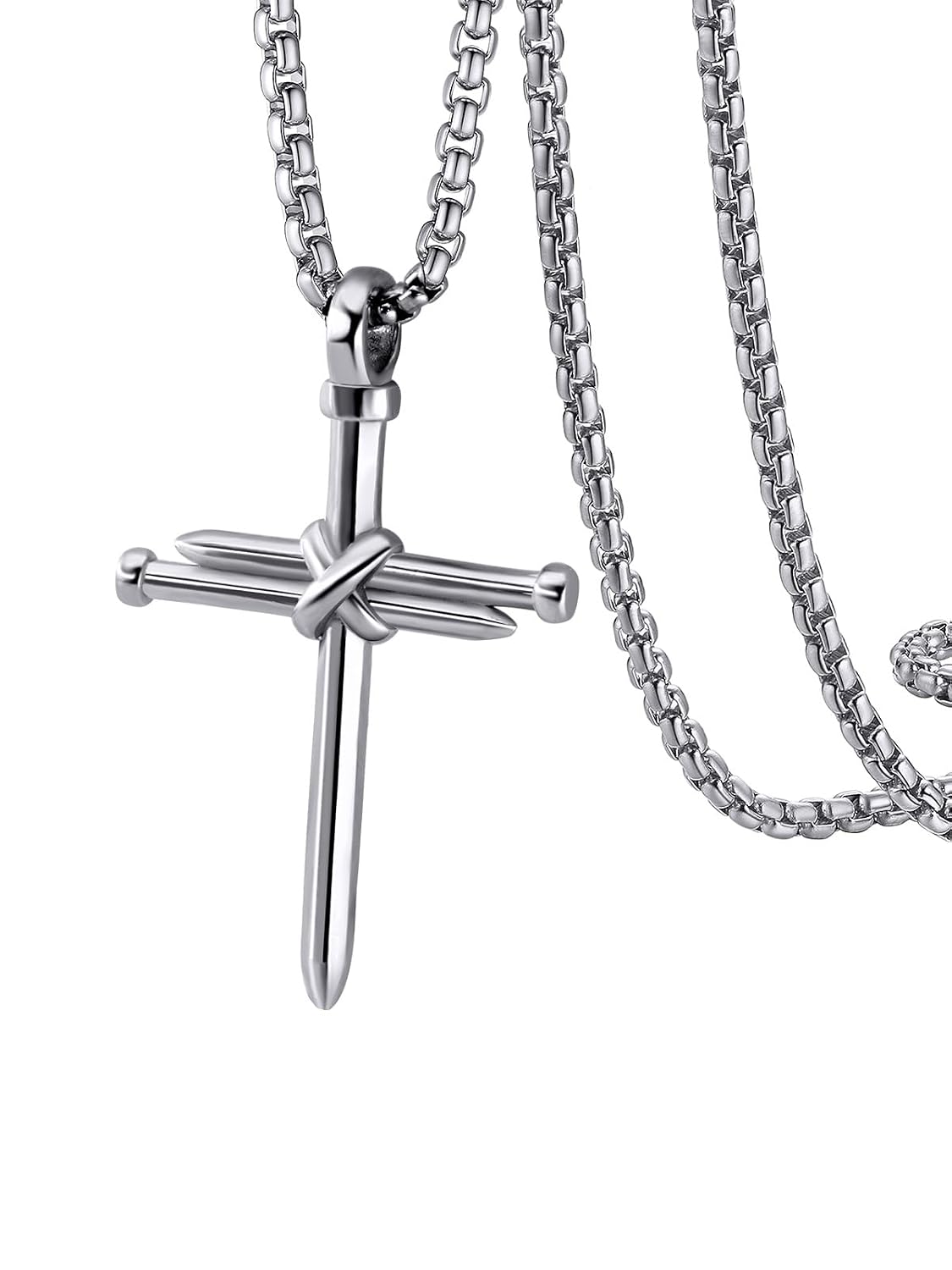 PIYIZ Cross Chain for Men Stainless Steel Nail Cross Pendant Necklace Teens Silver Christian Jewelry Jesus Cross Necklace 22""+2 Inch Extender, Medium, PIYN23007G