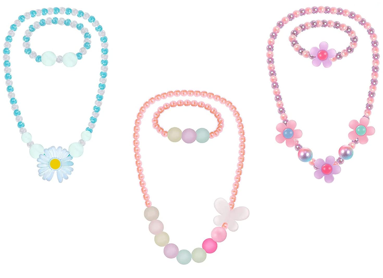 El Regalo 3 PCs Girl Princess Necklaces & Bracelets Jewelry Set with Colorful Flowers & Acrylic Beads - Kids Stretchy Chunky Costume Jewelry Gifts Party Favors Dress up Jewelry for Little Girl Toddler