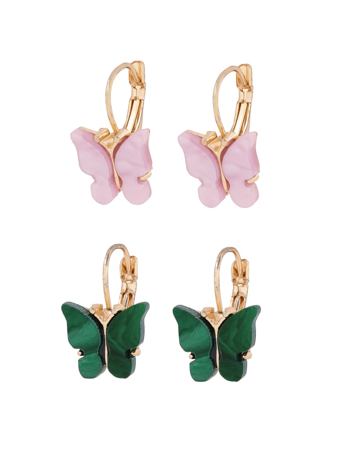 El Regalo Cute 2 Pairs Butterfly Lever Hook Earrings Combo for Girls & Women- Elegant Small Butterfly Hoop Earrings- Gift for Girls/Her (Green & Lavender)